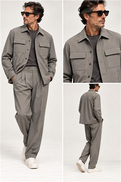 FK Modern Wool Smart Casual Suit — Stone Grey