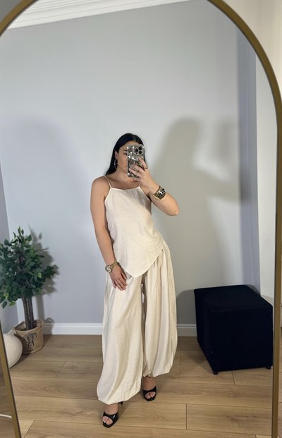 ASKILI ASİMETRİK BLUZ ŞALVAR PANTOLON