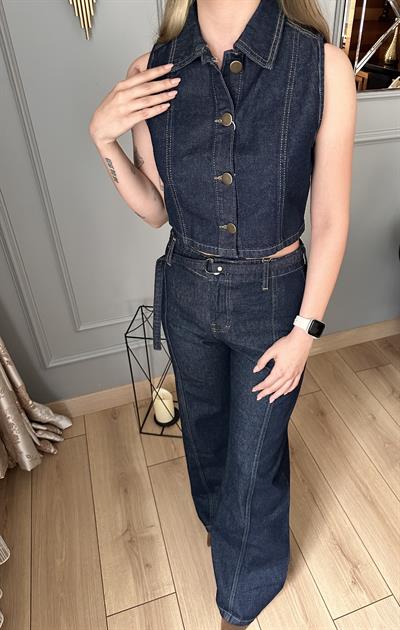 DENİM CROP YELEK KEMERLİ PANTOLON TAKIM