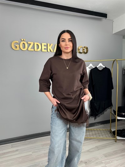 KAHVE DANTEL DETAY BLUZ