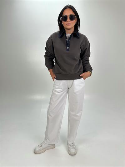 POLO KOT DETAY YAKALI HAKİ SWEATSHİRT