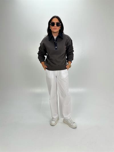 POLO KOT DETAY YAKALI HAKİ SWEATSHİRT