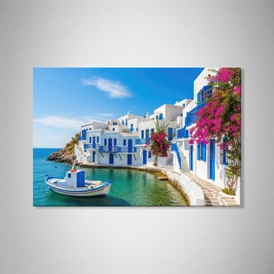 Santorini Limanı Kanvas Tablo | Mavi Beyaz Evler, Tekne ve Begonvil Deniz Manzarası