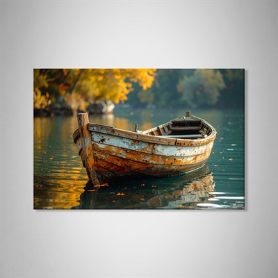Vintage Ahşap Kayık Kanvas Tablo | Göl Manzaralı Rustik Premium Duvar Sanatı