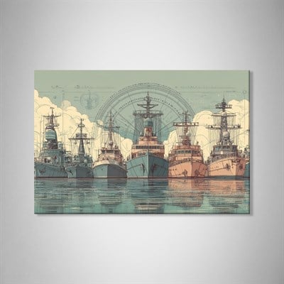 Vintage Donanma Gemileri Kanvas Tablo | Teknik Çizim Denizcilik Duvar Dekoru