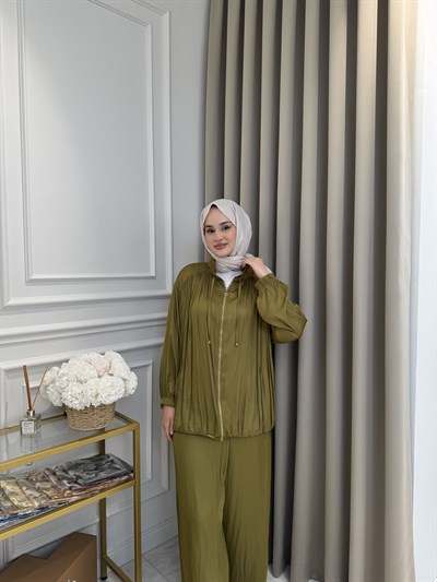 ALMARWAH Saten Üçlü Pantolon Takım Yeşil