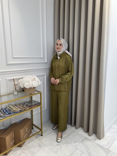 ALMARWAH Saten Üçlü Pantolon Takım Yeşil