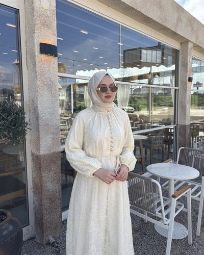 Bade Gold Düğmeli Elbise Ekru