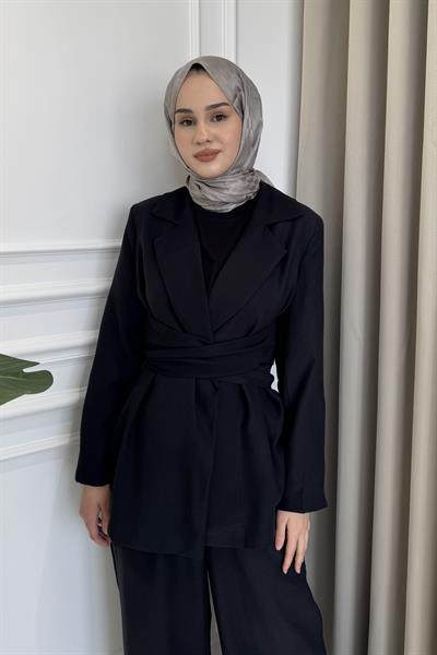 Bağlamalı Ceket Pantolon Takım Siyah