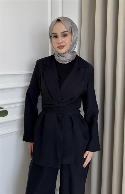 Bağlamalı Ceket Pantolon Takım Siyah