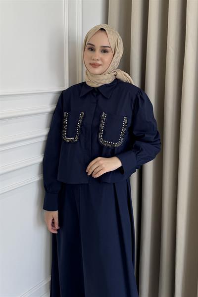 Boncuk Detaylı İşlemeli Etek Takım Lacivert