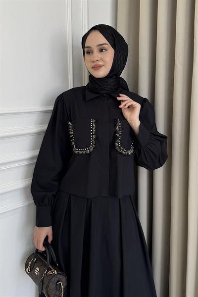 Boncuk Detaylı İşlemeli Etek Takım Siyah