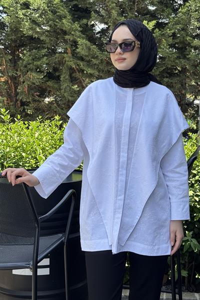 Büyük Yakalı Keten Gömlek Beyaz