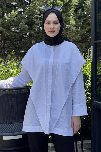 Büyük Yakalı Keten Gömlek Beyaz