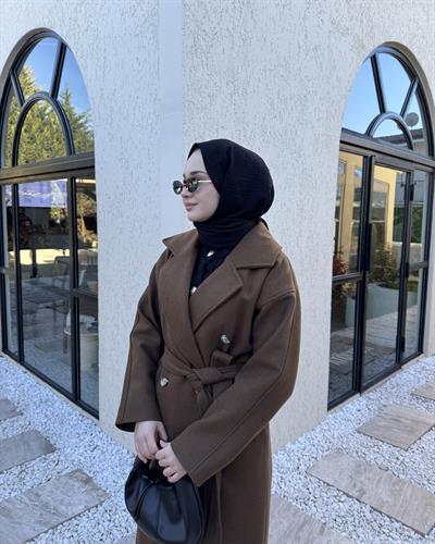 Düğmeli Düşük Omuz Kaşe Kaban Kahverengi