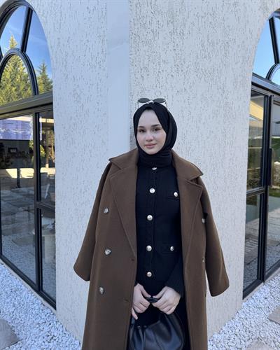 Düğmeli Düşük Omuz Kaşe Kaban Kahverengi