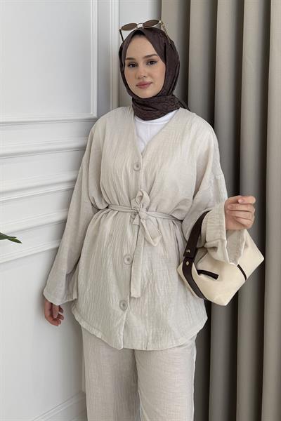 Düğmeli-Keten Pantolon Takım Bej