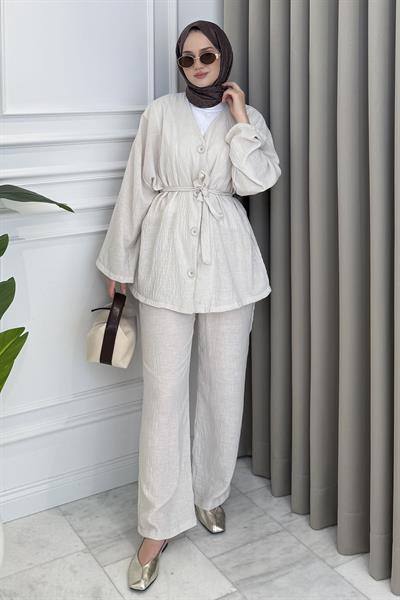 Düğmeli-Keten Pantolon Takım Bej