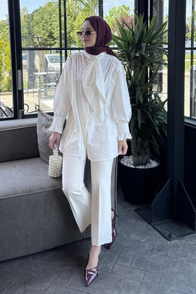 İnci Detay Flarlı Gömlek Ekru