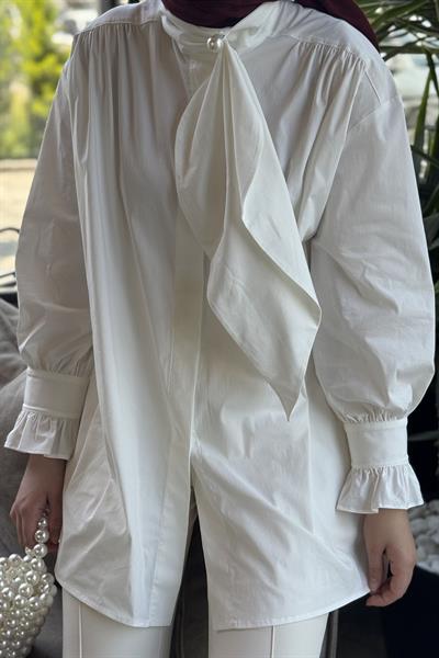 İnci Detay Flarlı Gömlek Ekru