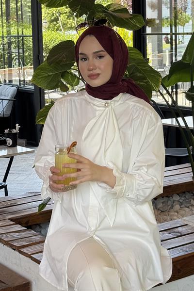 İnci Detay Flarlı Gömlek Ekru