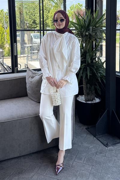 İnci Detay Flarlı Gömlek Ekru