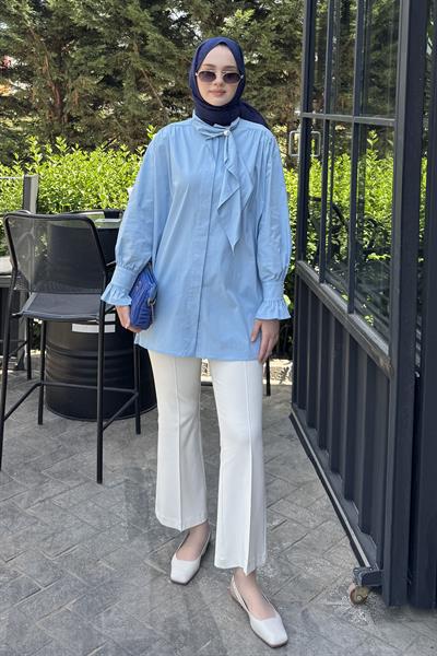 İnci Detay Flarlı Gömlek Mavi