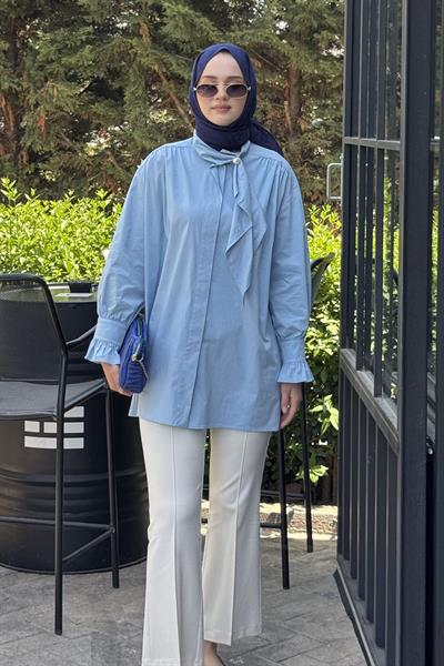 İnci Detay Flarlı Gömlek Mavi