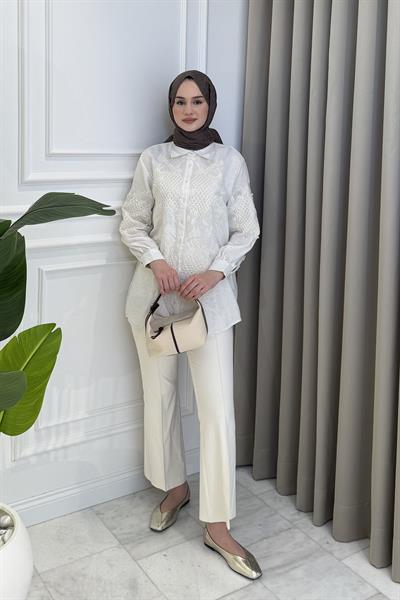 İnci Detaylı Keten Gömlek Ekru