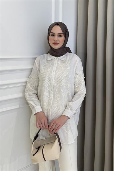 İnci Detaylı Keten Gömlek Ekru