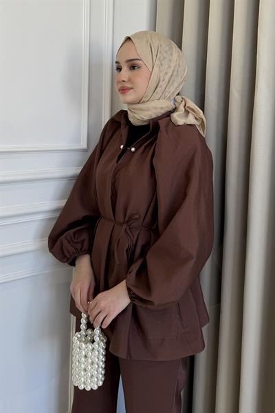 İnci İğneli Belden Bağlamalı Pantolon Takım Açık Kahve