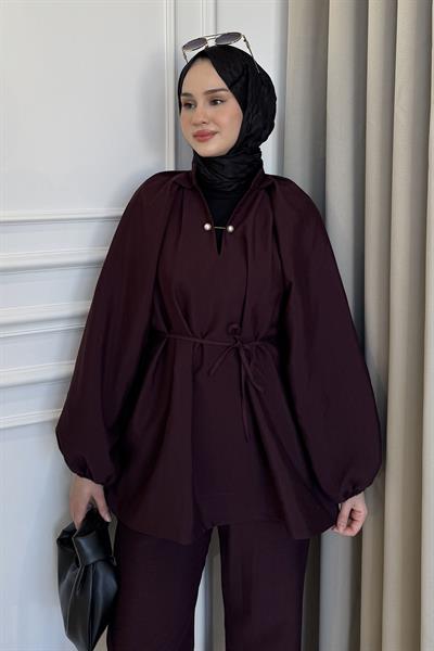 İnci İğneli Belden Bağlamalı Pantolon Takım Bordo