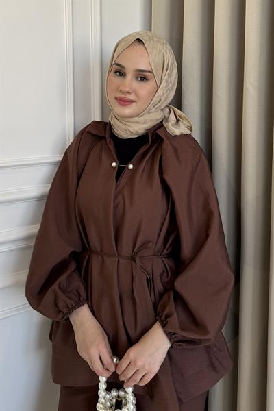 İnci İğneli Belden Bağlamalı Pantolon Takım Açık Kahve