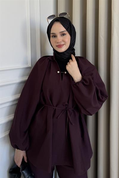 İnci İğneli Belden Bağlamalı Pantolon Takım Bordo