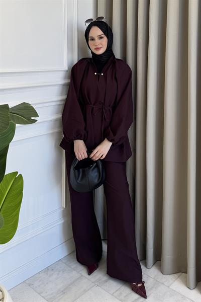 İnci İğneli Belden Bağlamalı Pantolon Takım Bordo
