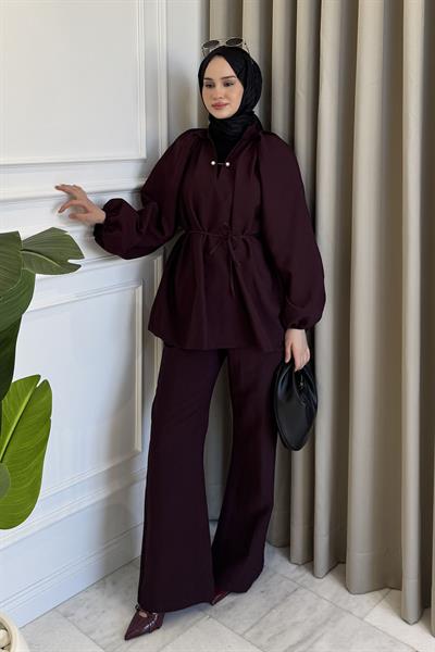 İnci İğneli Belden Bağlamalı Pantolon Takım Bordo