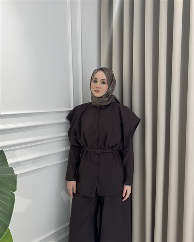 Kemerli Pantolon Takım Kahverengi