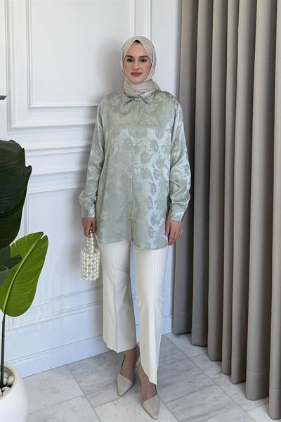 Kendinden Desenli Çiçekli Gömlek Su Yeşili