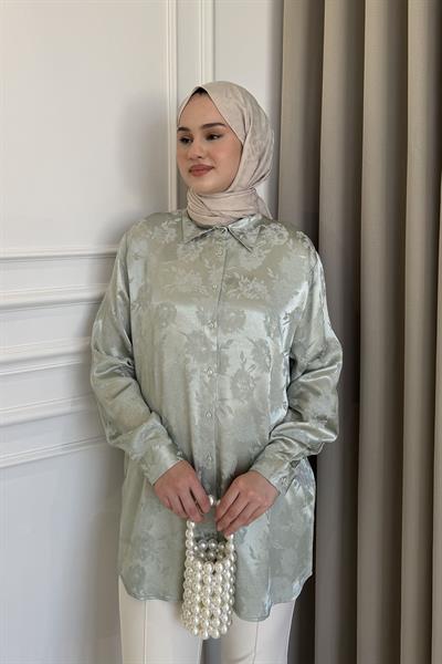 Kendinden Desenli Çiçekli Gömlek Su Yeşili