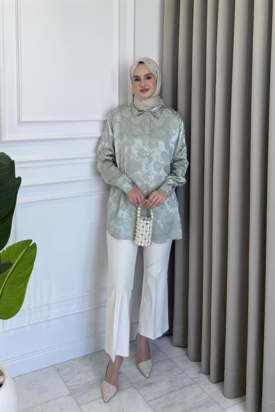 Kendinden Desenli Çiçekli Gömlek Su Yeşili