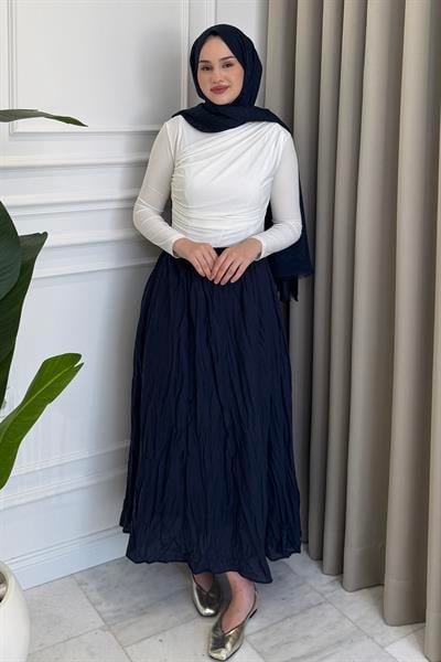 Kendinden Kırışık Bol Kesim Etek Lacivert