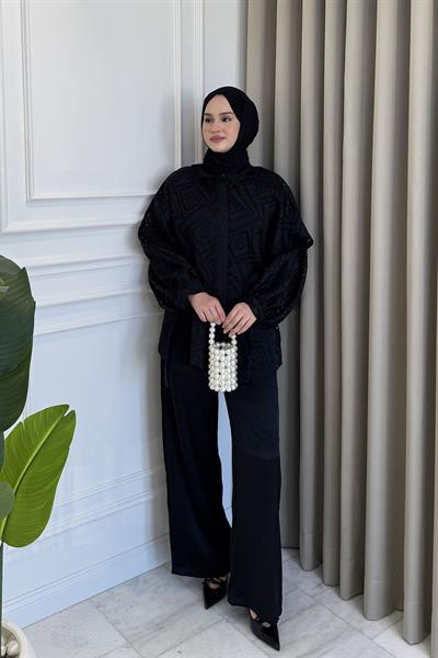 Kol Bağcıklı Transparan Gömlek Siyah