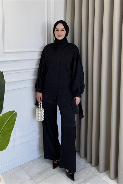 Kol Bağcıklı Transparan Gömlek Siyah