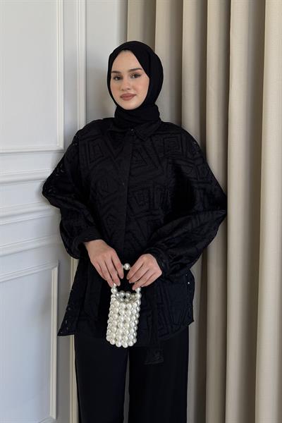 Kol Bağcıklı Transparan Gömlek Siyah
