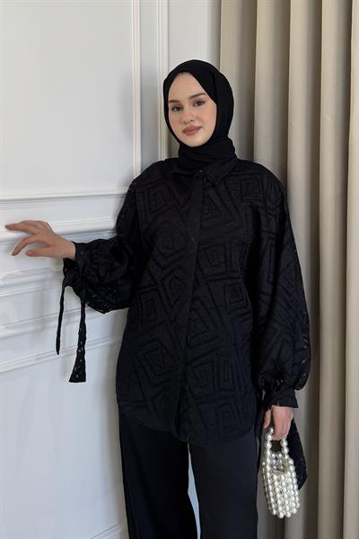 Kol Bağcıklı Transparan Gömlek Siyah