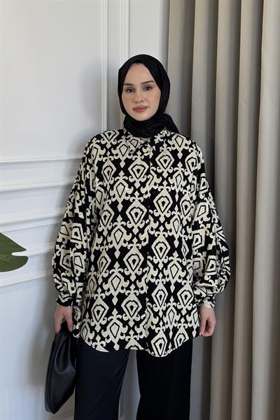 Kol Bağlamalı Desenli Gömlek Siyah