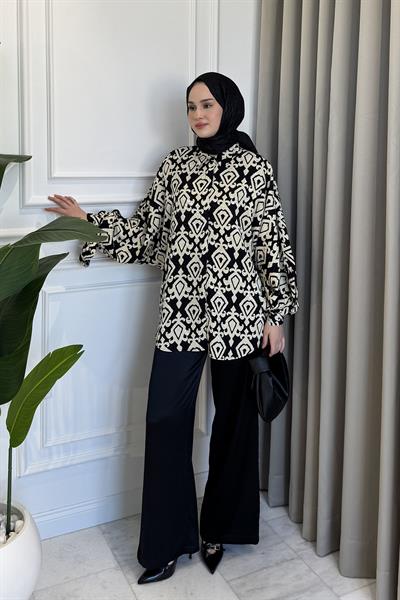 Kol Bağlamalı Desenli Gömlek Siyah