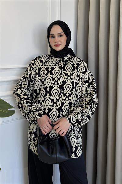 Kol Bağlamalı Desenli Gömlek Siyah