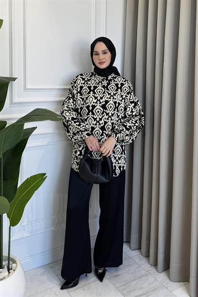 Kol Bağlamalı Desenli Gömlek Siyah