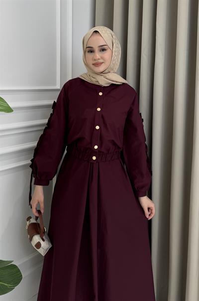 Kol Büzgülü Jileli Elbise Takım Bordo